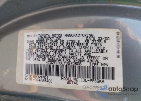 2000 Toyota Sienna Le из США, поврежденный, VIN 4T3ZF13C1YU270606